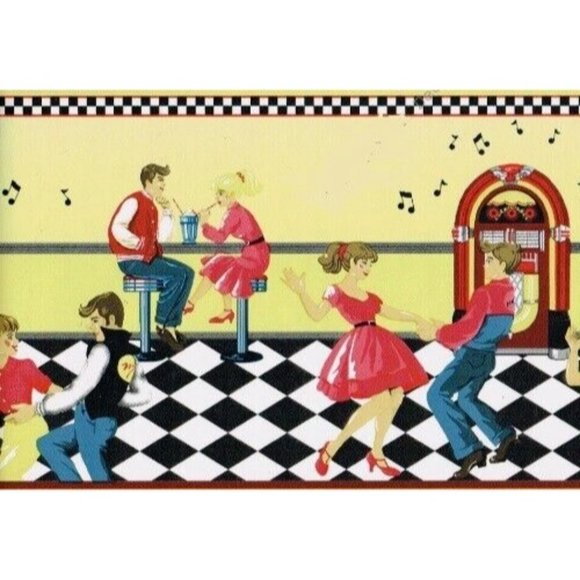 New Vintage Wallpaper Border "HAPPY DAYS" 50's Kitchen Diner Jukebox Rock & Roll - Picture 2 of 7